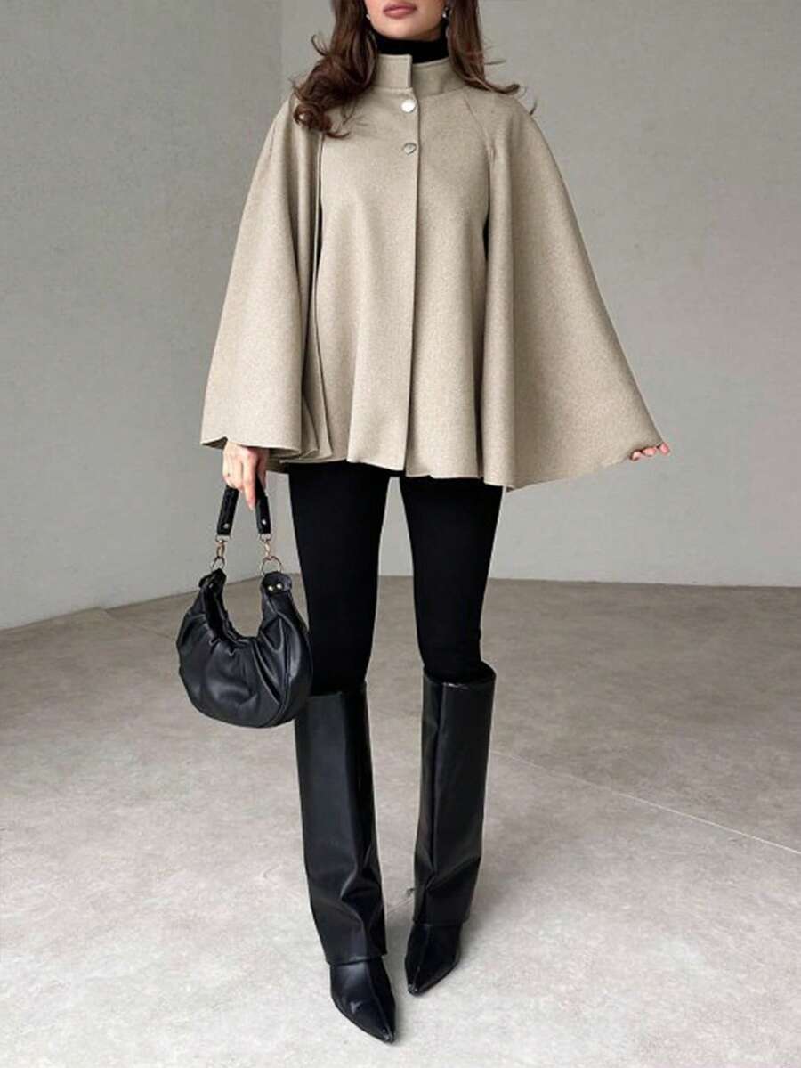 Angela | Cape Sleeve Stand Collar Overcoat, Elegant Minimalist Outerwear oaklynwear
