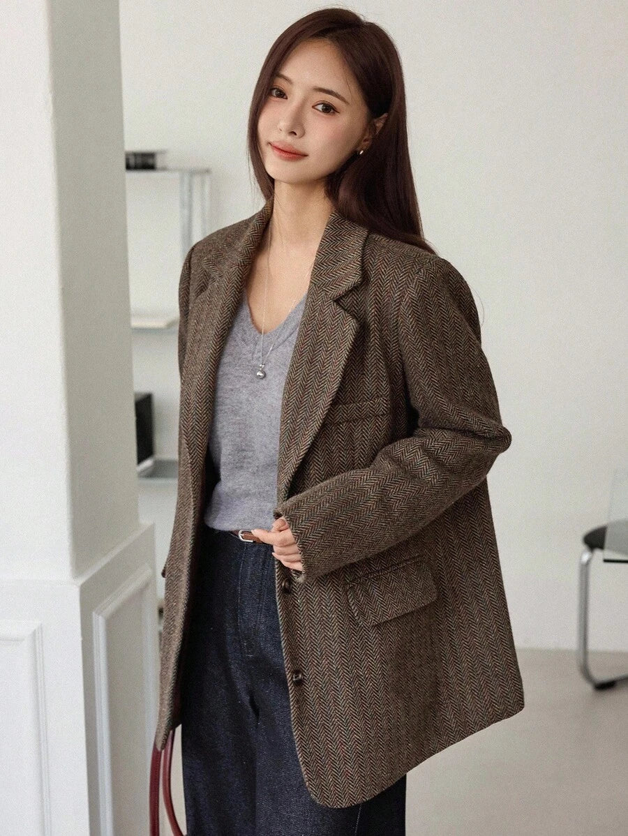 Dazy-Less Women's Loose Business Casual Plaid Knitted Thickened Coat, Autumn/Winter Modest Fashion oaklynwear