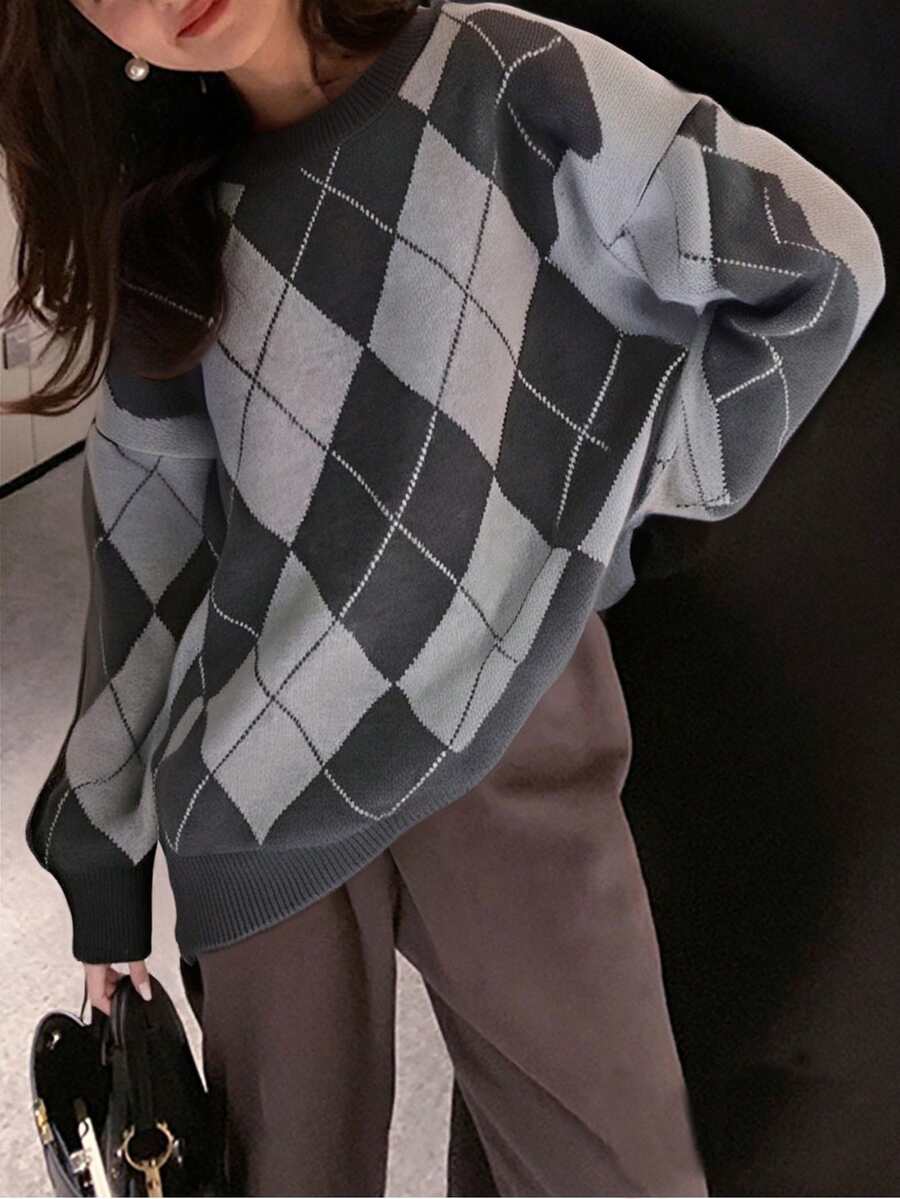Oversized Argyle Stylish Crew Neck Sweater oaklynwear