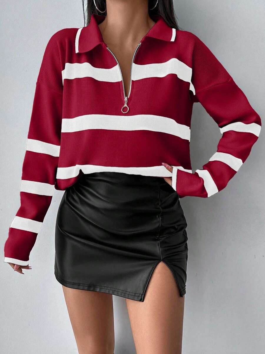 EURMUSE Women's Autumn Striped Zip-Up Half-Placket Lapel Drop Shoulder Long Sleeve Casual Loose Sweater oaklynwear
