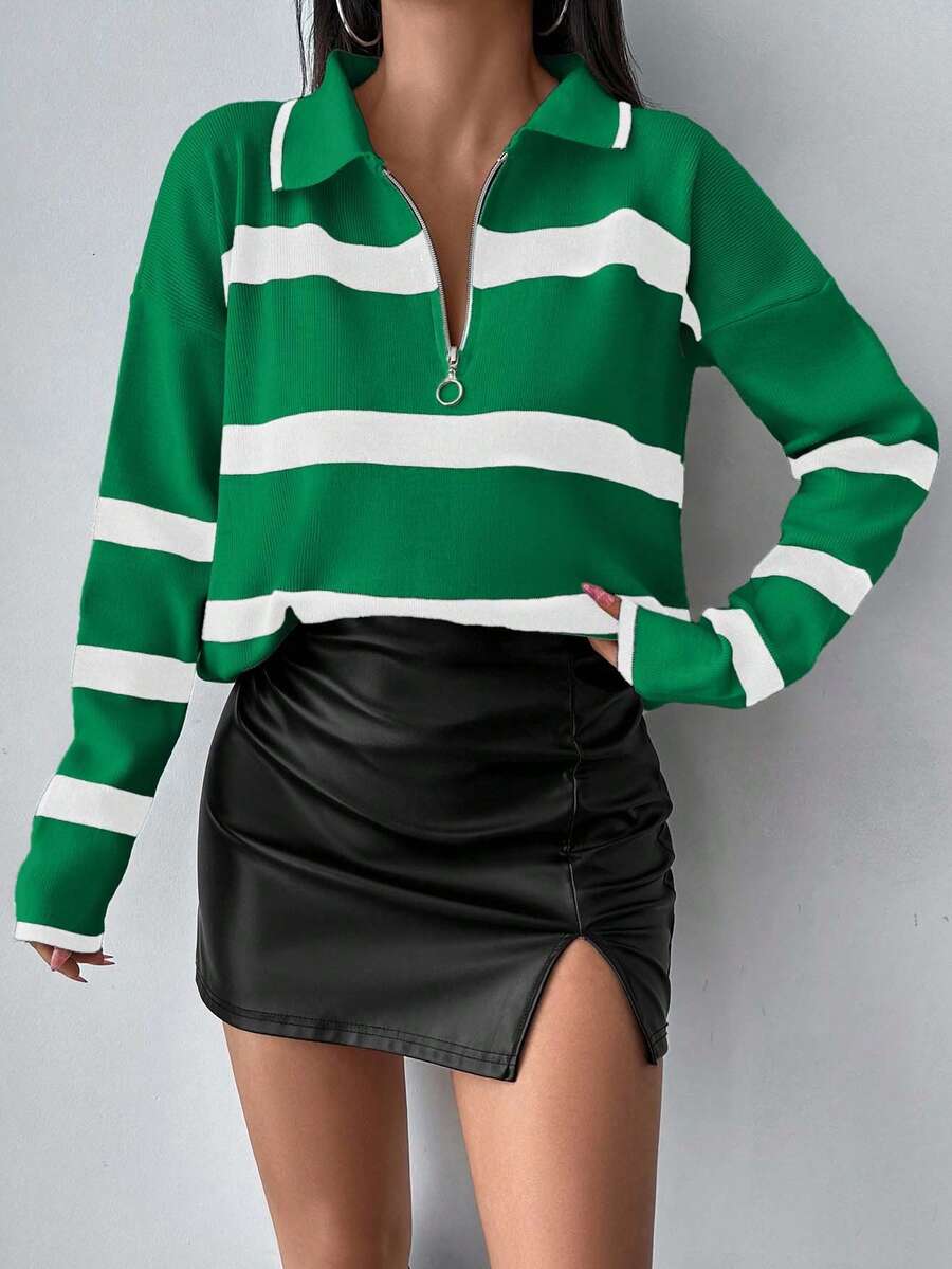 EURMUSE Women's Autumn Striped Zip-Up Half-Placket Lapel Drop Shoulder Long Sleeve Casual Loose Sweater oaklynwear