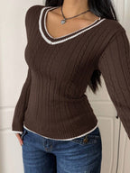CovetEZ Women's Contrast Trim Twist Cable Slim Fit Long Sleeve Pullover Sweater,Fall/ Winter Clothes For Women,Back To School Clothes,,Brown Sweater oaklynwear