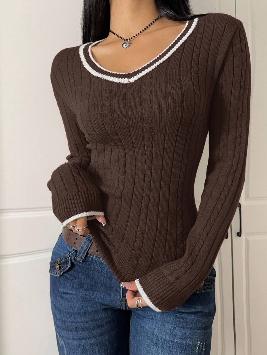 CovetEZ Women's Contrast Trim Twist Cable Slim Fit Long Sleeve Pullover Sweater,Fall/ Winter Clothes For Women,Back To School Clothes,,Brown Sweater oaklynwear