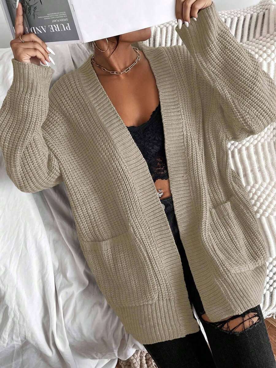 SHEIN Solid Dual Pockets Ribbed Knit Cardigan,Long Sleeve Tops Fall Winter Cloth For Women oaklynwear