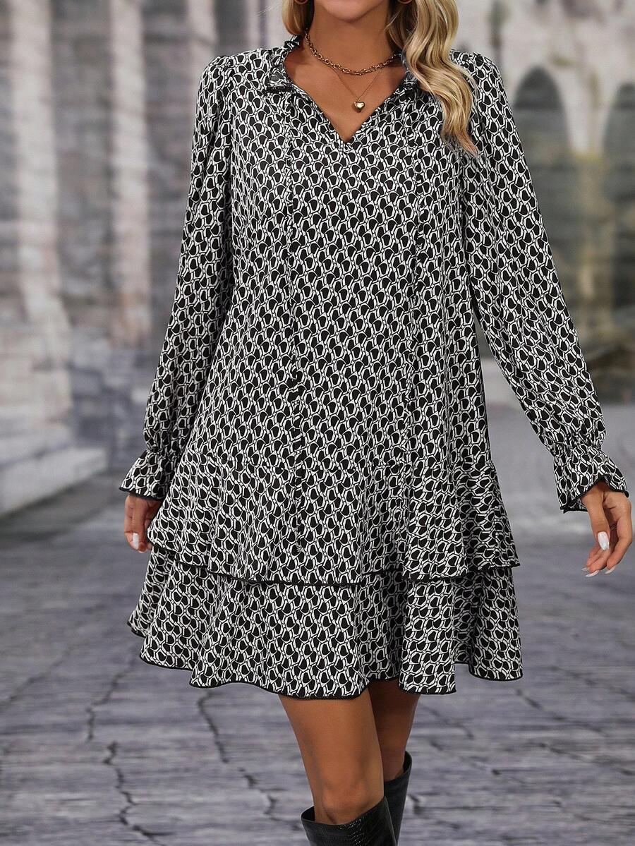 Larissa Tie-Neck Flare Sleeve Ruffle Hem Smock Dress - view 9