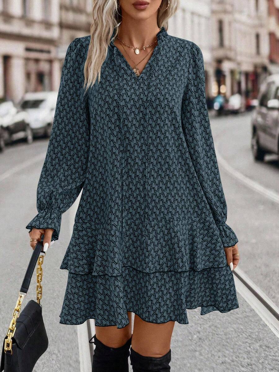 Larissa Tie-Neck Flare Sleeve Ruffle Hem Smock Dress - view 8