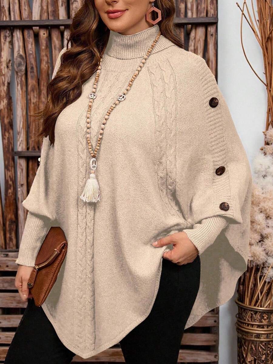 Linhara CURVE Women's Solid Color Knitted Button High Neck Batwing Long Sleeve Cape Style Fitted Elegant Sweater, Autumn/Winter oaklynwear