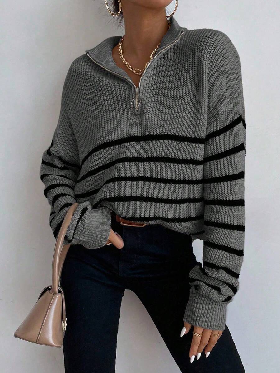 Pariaura Striped Pattern Half Zip Drop Shoulder Jumper oaklynwear