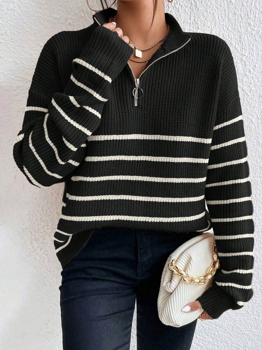 Pariaura Striped Pattern Half Zip Drop Shoulder Jumper oaklynwear