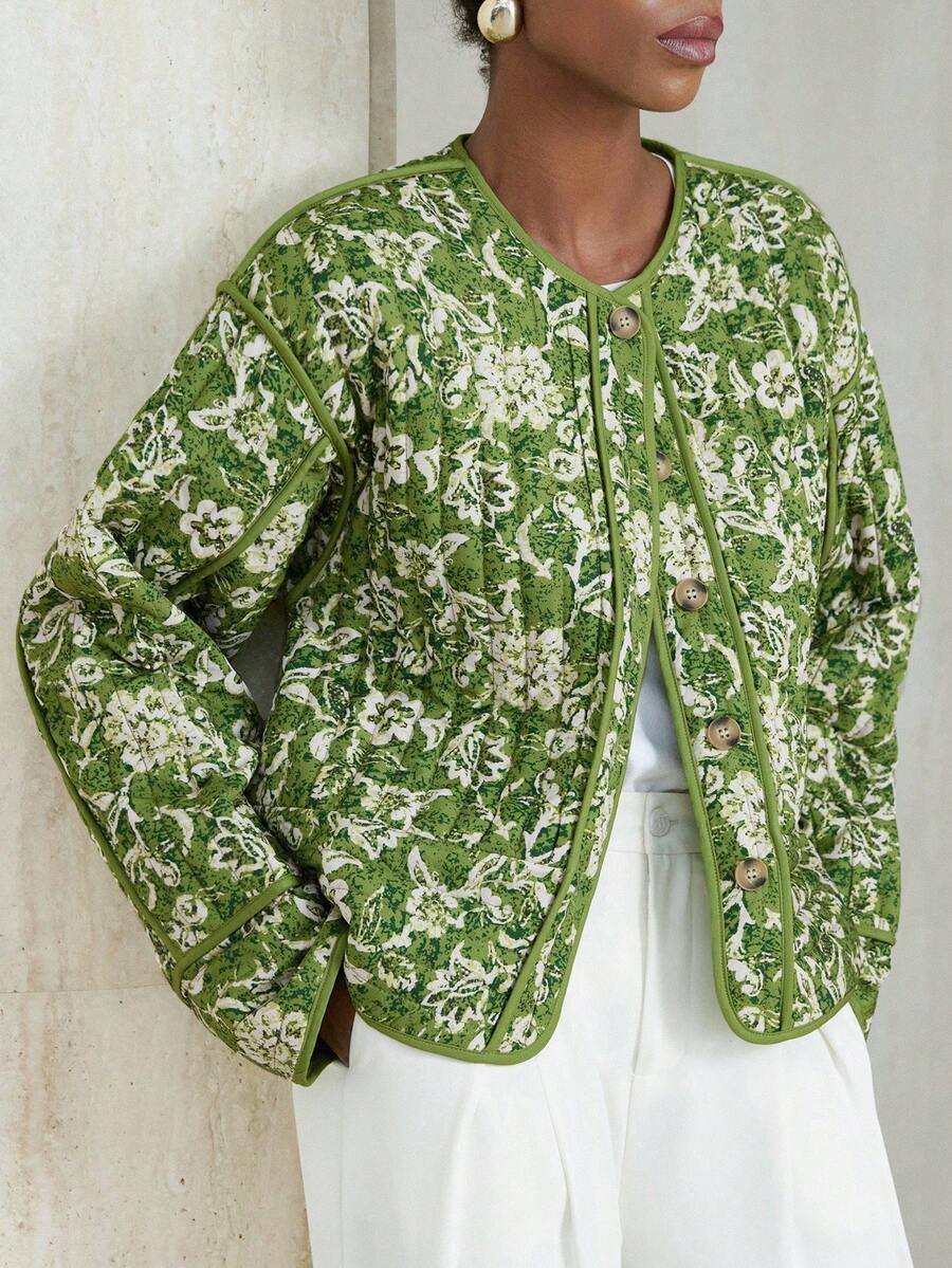 SHEIN ChicEase Fashion Casual Floral Print Loose Fit Puffer Long Sleeve Winter Coat Western Retro Holiday Party oaklynwear