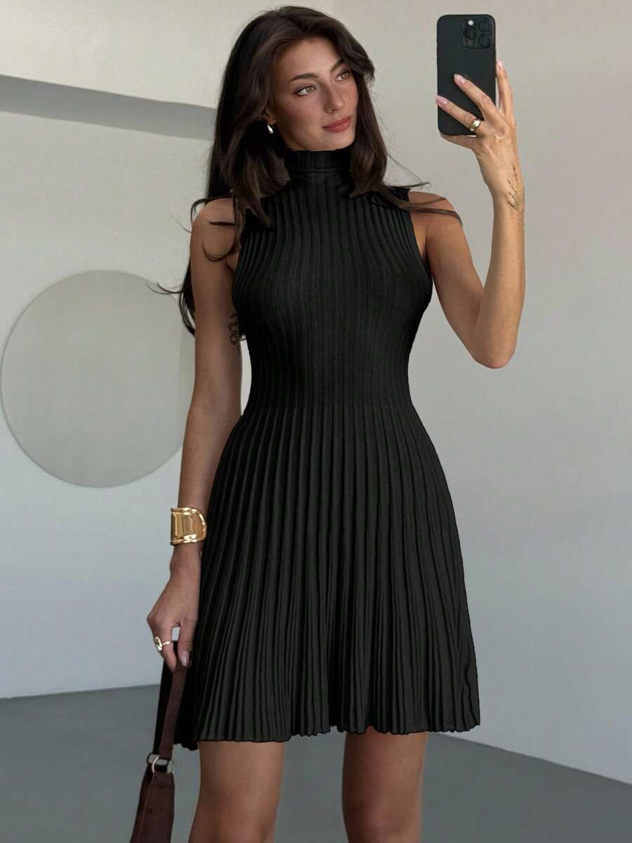 Aloruh Minimalist Elegant Stand Collar Sleeveless A-Line Mini Ribbed Knit Dress For Women Everyday Navy Blue Autumn oaklynwear