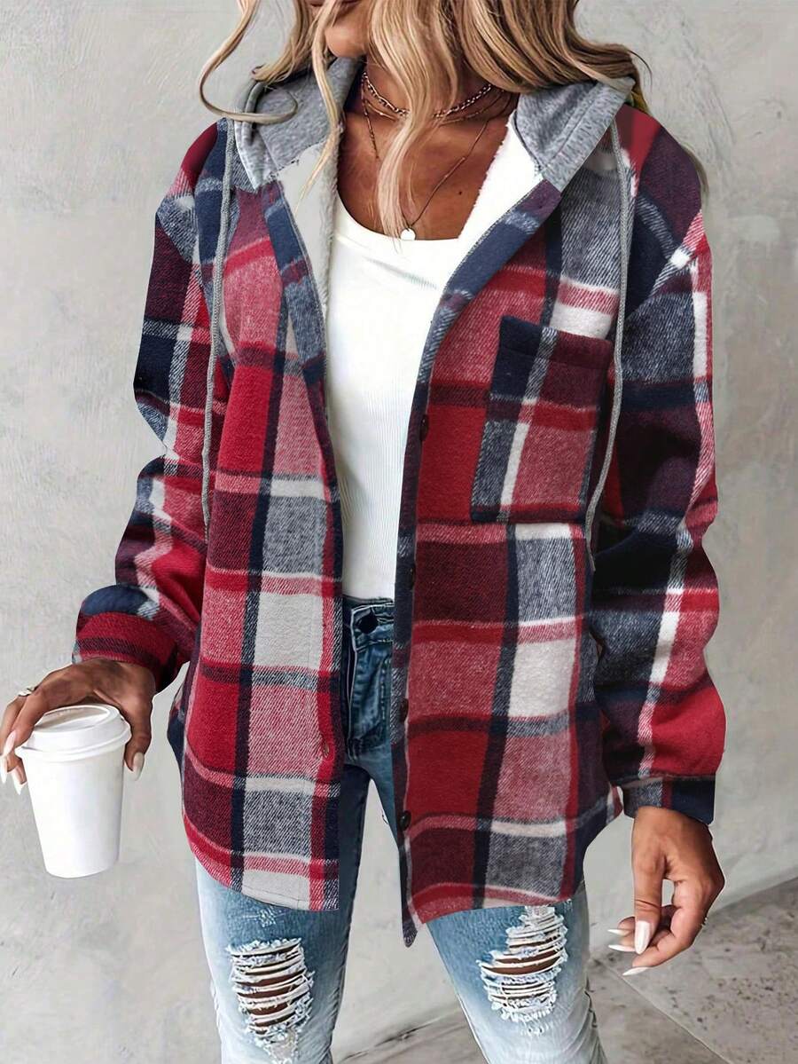 Joanna | Plaid Hooded Button Front Jacket, Retro Casual Shacket oaklynwear
