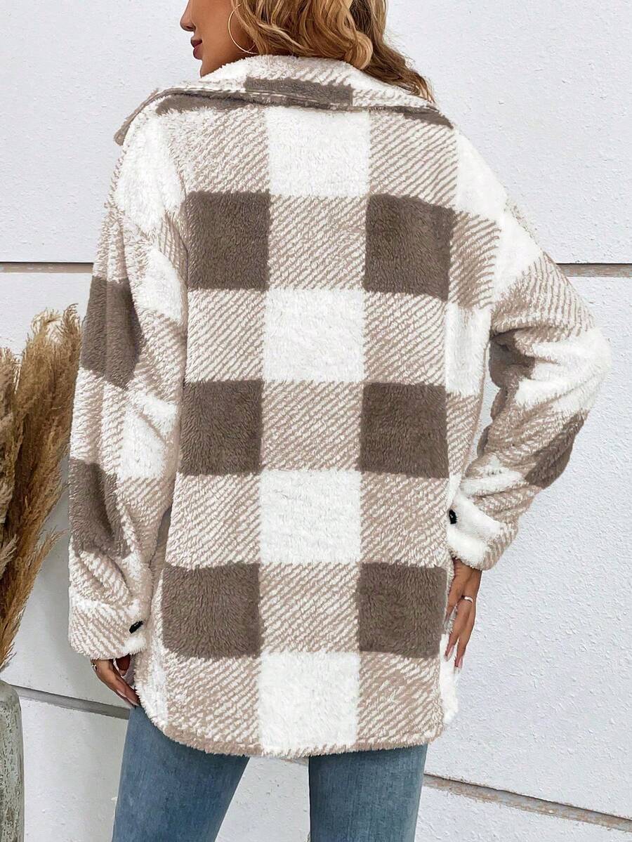 Brown And White Plaid Single-Breasted Lapel Long-Sleeved Loose Plush Coats Warm And Slouchy Style Jacket For Daily Commuting In Autumn Winter Casual oaklynwear