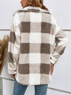 Brown And White Plaid Single-Breasted Lapel Long-Sleeved Loose Plush Coats Warm And Slouchy Style Jacket For Daily Commuting In Autumn Winter Casual oaklynwear