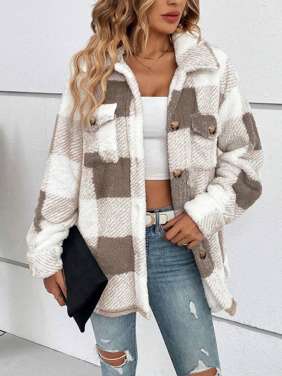 Brown And White Plaid Single-Breasted Lapel Long-Sleeved Loose Plush Coats Warm And Slouchy Style Jacket For Daily Commuting In Autumn Winter Casual oaklynwear