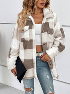 Brown And White Plaid Single-Breasted Lapel Long-Sleeved Loose Plush Coats Warm And Slouchy Style Jacket For Daily Commuting In Autumn Winter Casual oaklynwear