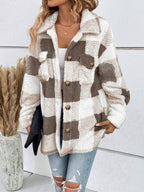 Brown And White Plaid Single-Breasted Lapel Long-Sleeved Loose Plush Coats Warm And Slouchy Style Jacket For Daily Commuting In Autumn Winter Casual oaklynwear