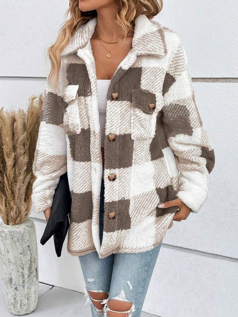 Brown And White Plaid Single-Breasted Lapel Long-Sleeved Loose Plush Coats Warm And Slouchy Style Jacket For Daily Commuting In Autumn Winter Casual oaklynwear