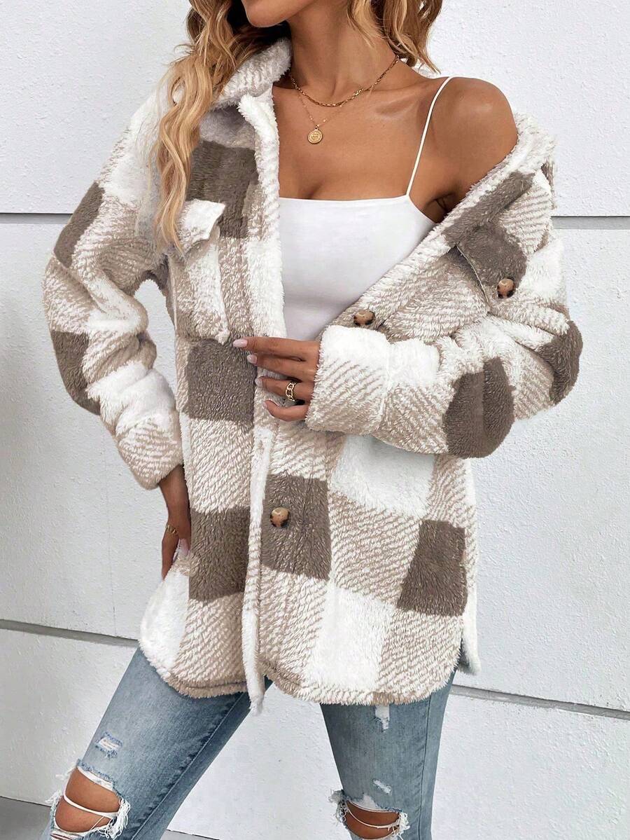 Brown And White Plaid Single-Breasted Lapel Long-Sleeved Loose Plush Coats Warm And Slouchy Style Jacket For Daily Commuting In Autumn Winter Casual oaklynwear