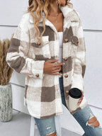 Brown And White Plaid Single-Breasted Lapel Long-Sleeved Loose Plush Coats Warm And Slouchy Style Jacket For Daily Commuting In Autumn Winter Casual oaklynwear