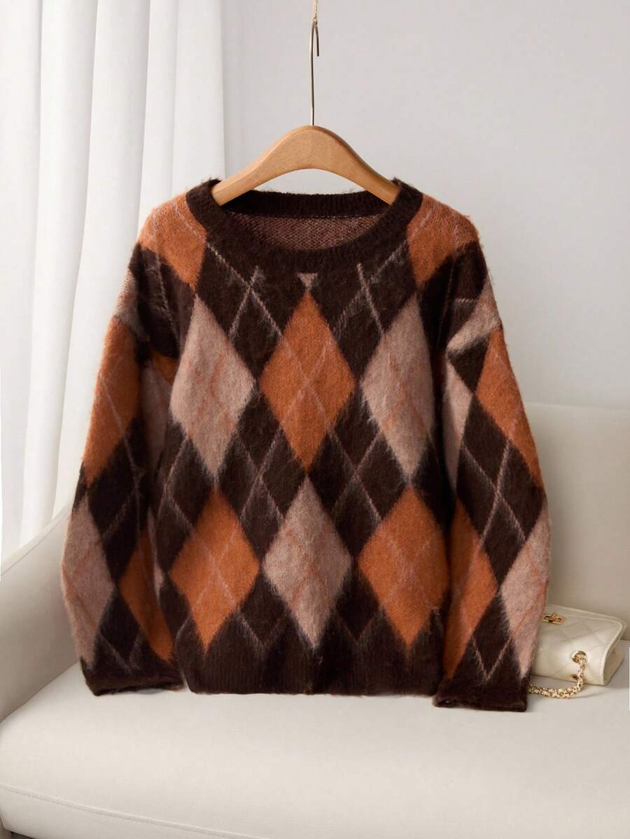 Franclia Women's Retro Argyle Pattern Contrast Color Pullover Sweater,Loose Knit Plus Size Brown&Orange,Autumn Casual School Back-To-School Jacquard Sweater oaklynwear