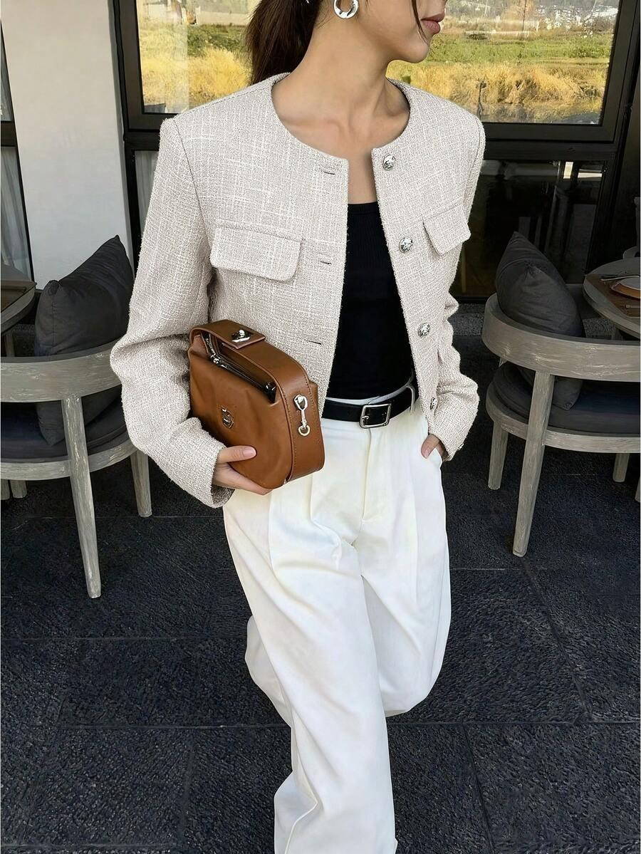 Brynlee | Round Neck Textured Button Front Jacket, Cropped Elegant Coat oaklynwear