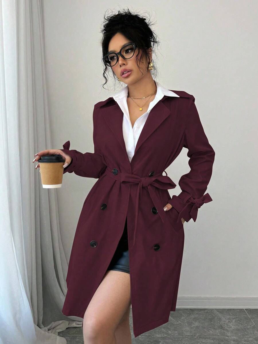 Allurite Sexy Double Breasted Belted Trench Coat Fall Winter Cloth For Women oaklynwear