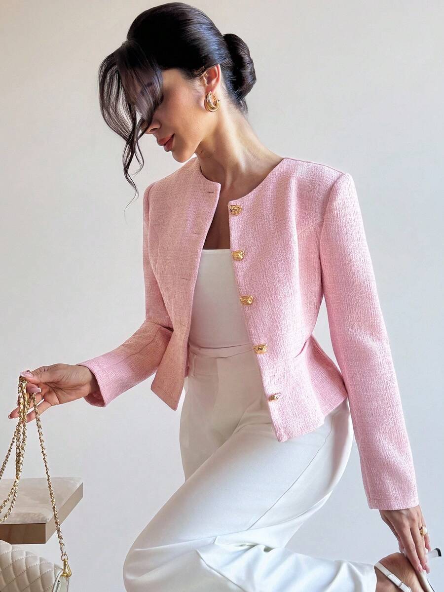 Eliza | Round Neck Textured Button Front Jacket, Elegant Tailored Coat oaklynwear