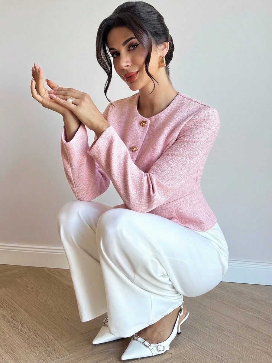 Eliza | Round Neck Textured Button Front Jacket, Elegant Tailored Coat oaklynwear
