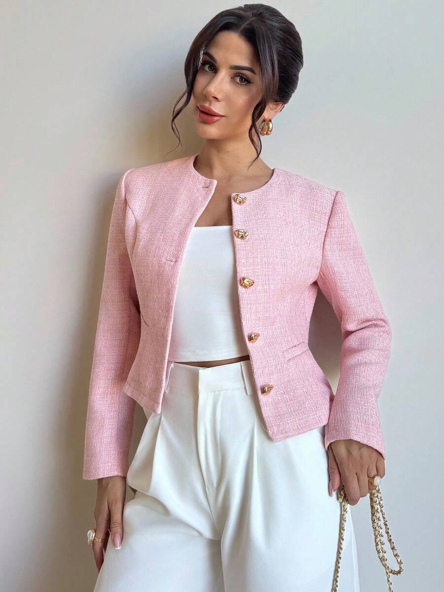 Eliza | Round Neck Textured Button Front Jacket, Elegant Tailored Coat oaklynwear