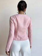 Eliza | Round Neck Textured Button Front Jacket, Elegant Tailored Coat oaklynwear