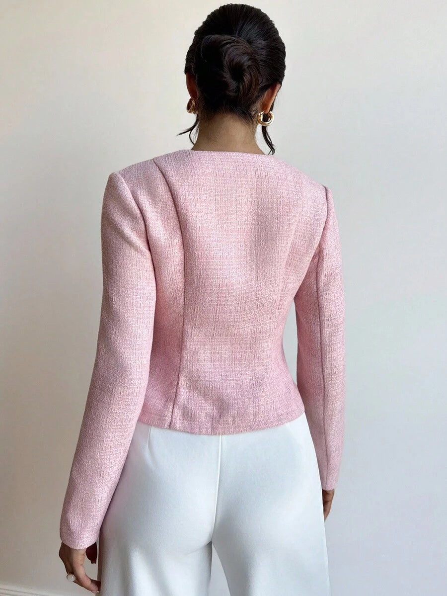 Eliza | Round Neck Textured Button Front Jacket, Elegant Tailored Coat oaklynwear
