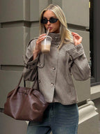 Annabelle | Houndstooth High Neck Button Front Jacket, Chic Winter Coat oaklynwear