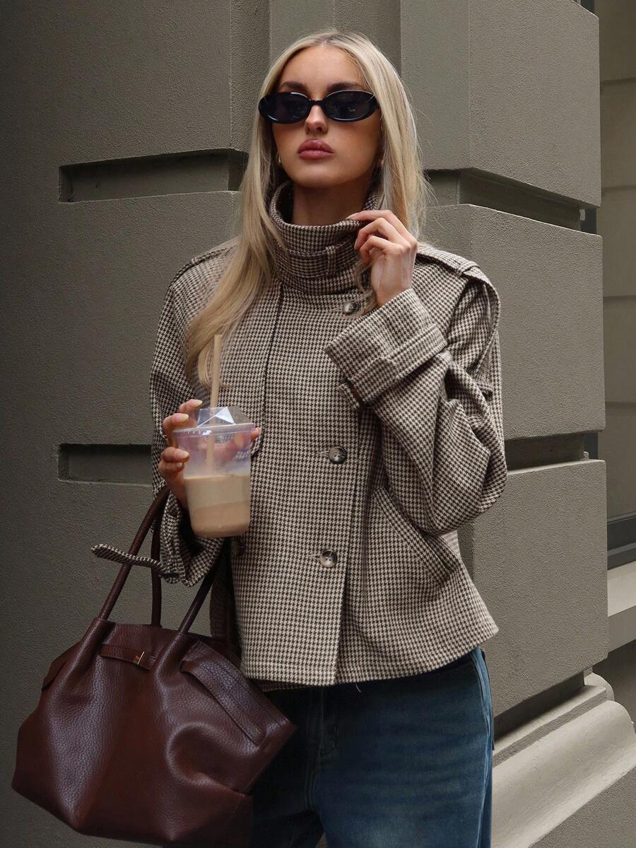 Annabelle | Houndstooth High Neck Button Front Jacket, Chic Winter Coat oaklynwear