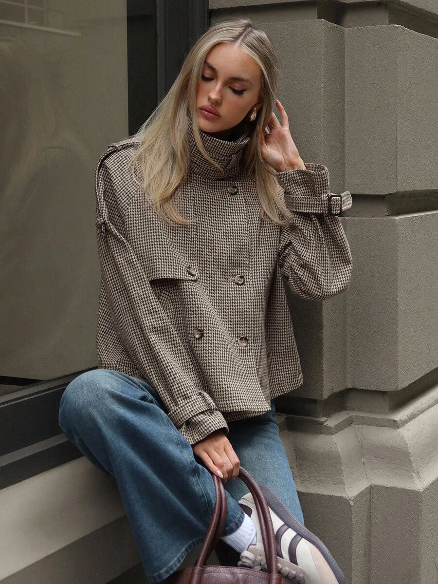 Annabelle | Houndstooth High Neck Button Front Jacket, Chic Winter Coat oaklynwear