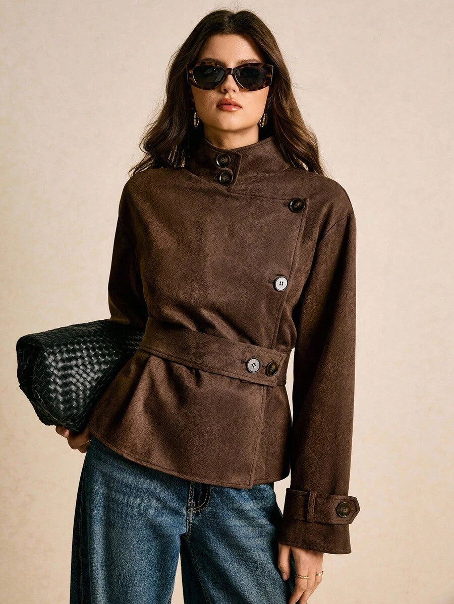 Poéselle Women's Belt And Pockets Brown Trench Coat, Solid Color Fall Autumn Winter Trench Coat oaklynwear