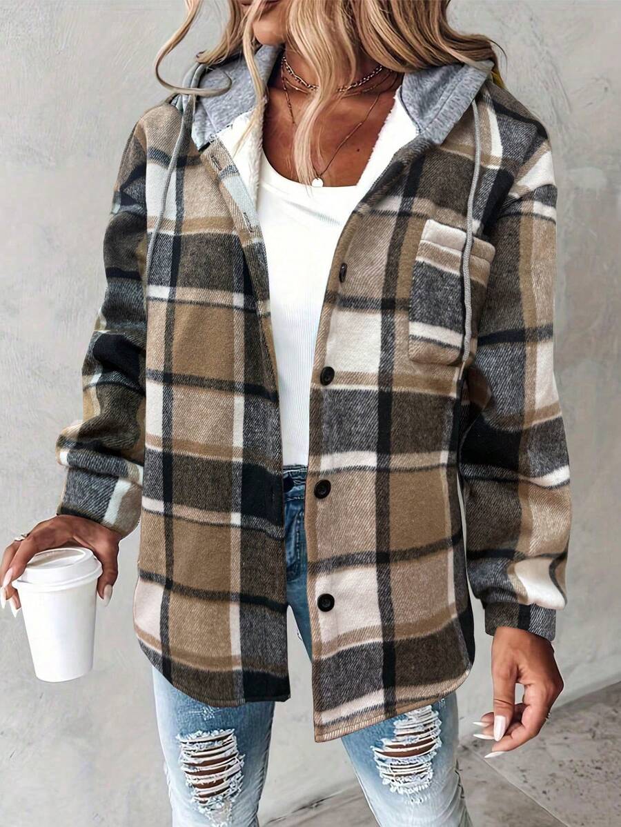 Joanna | Plaid Hooded Button Front Jacket, Retro Casual Shacket oaklynwear