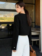 Brynlee | Round Neck Textured Button Front Jacket, Cropped Elegant Coat oaklynwear