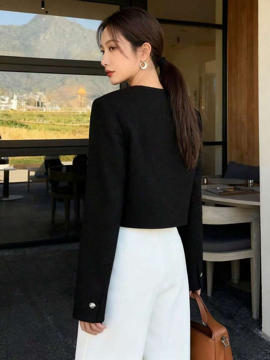 Brynlee | Round Neck Textured Button Front Jacket, Cropped Elegant Coat oaklynwear
