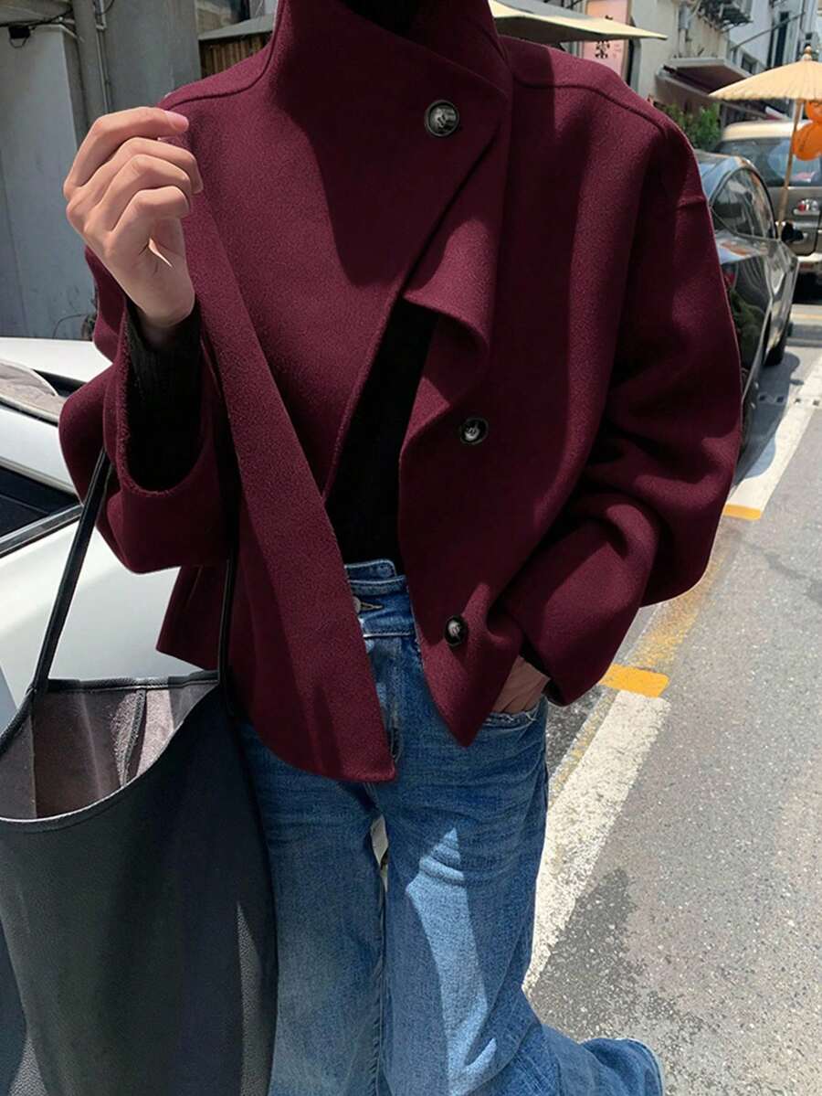 Elise | Asymmetrical Stand Collar Overcoat, Cropped Wrap Coat oaklynwear