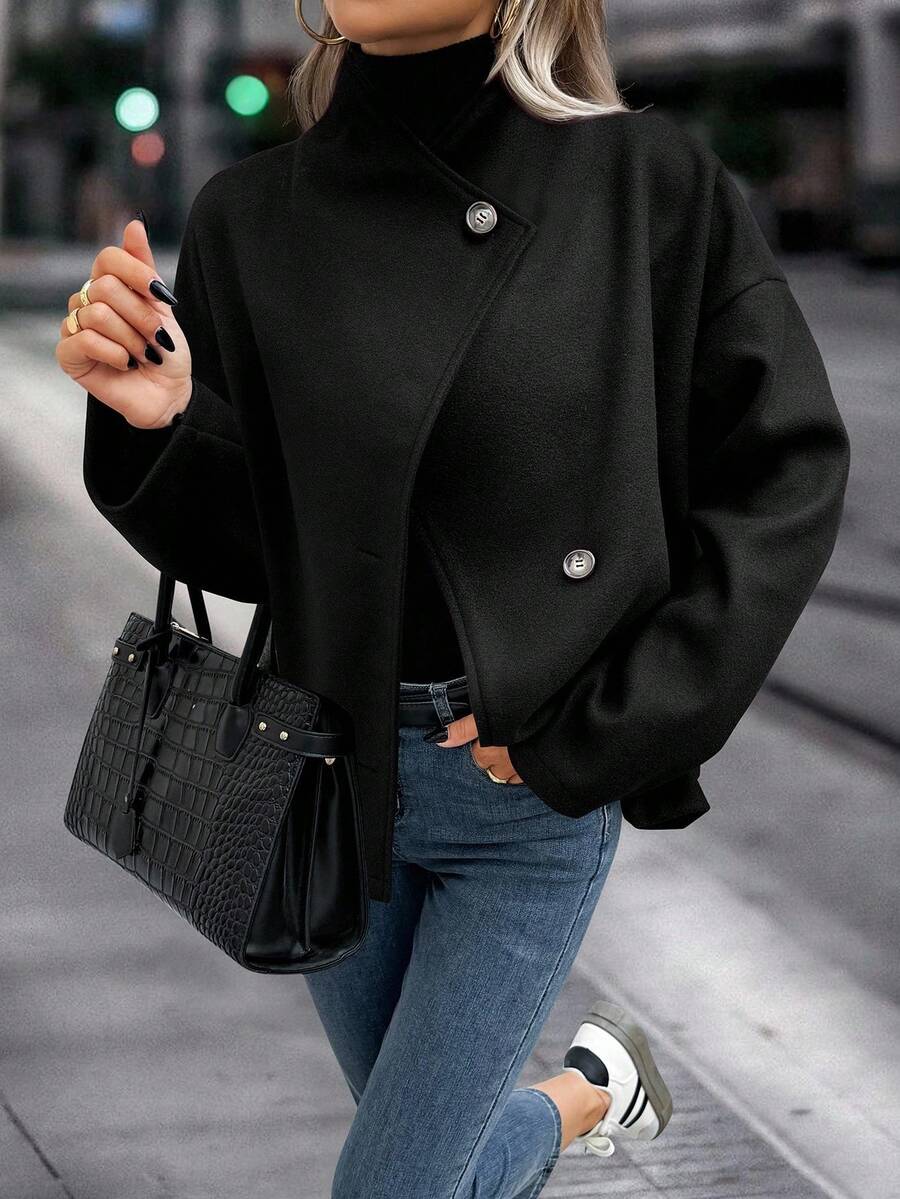Elise | Asymmetrical Stand Collar Overcoat, Cropped Wrap Coat oaklynwear