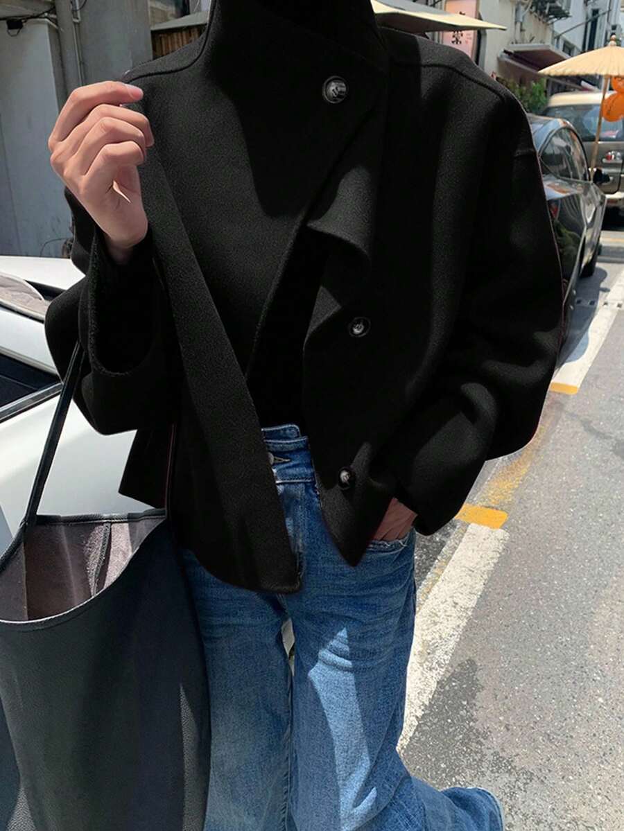 Elise | Asymmetrical Stand Collar Overcoat, Cropped Wrap Coat oaklynwear