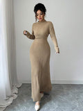Firerie Women's French Batwing Sleeve Knitted Long Sleeve Round Neck Cinched Waist A-Line Sweater Dress,Khaki,Autumn,Casual,Elegant Unique,Brunch,Umbrella Hem oaklynwear