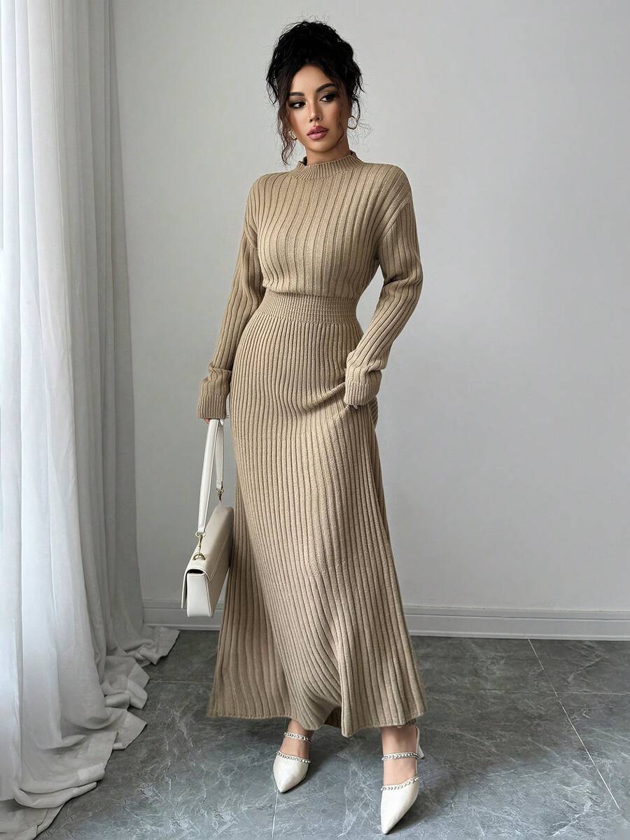 Firerie Women's French Batwing Sleeve Knitted Long Sleeve Round Neck Cinched Waist A-Line Sweater Dress,Khaki,Autumn,Casual,Elegant Unique,Brunch,Umbrella Hem oaklynwear