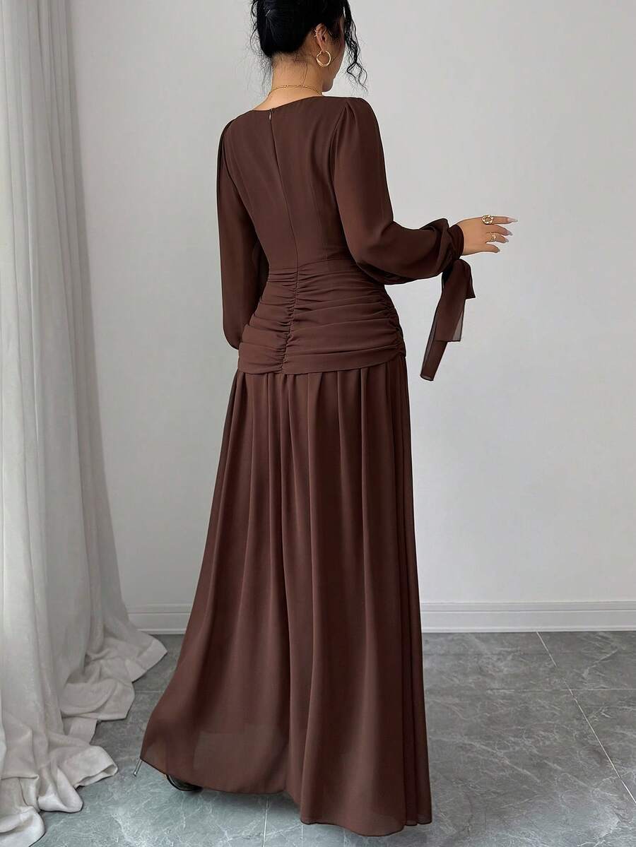 Elenzga Women's Elegant Chiffon Dress,Coffee Brown,Autumn,Dining,Ruffle Collar,Lantern Sleeve,Tie Waist,Formal Cocktail Party,Wedding,Graduation Ceremony oaklynwear