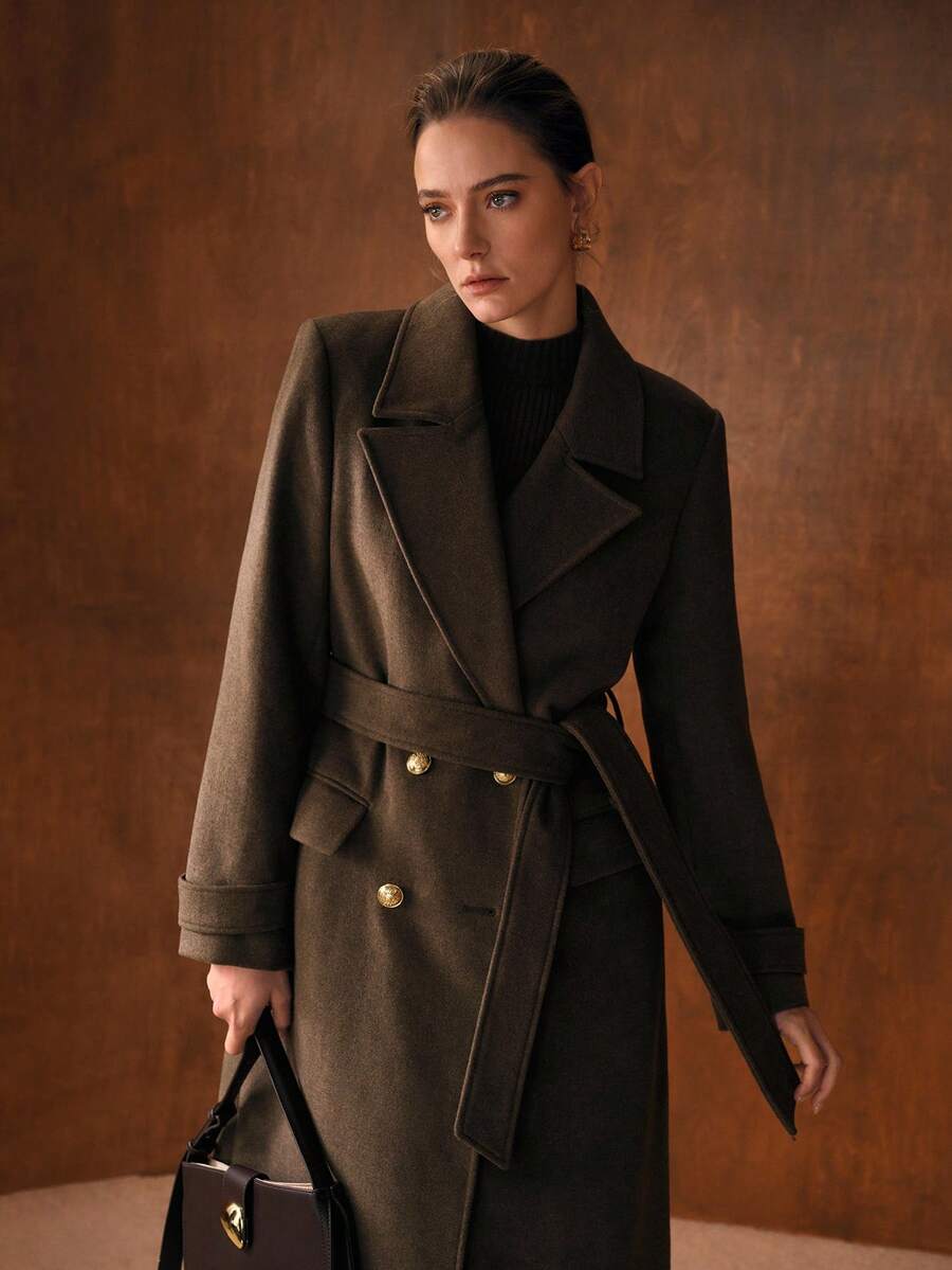MOTF PREMIUM AUTUMN/WINTER LAPEL COLLAR DOUBLE BREASTED PLACKET BELTED FITTED LONG OVERCOAT oaklynwear