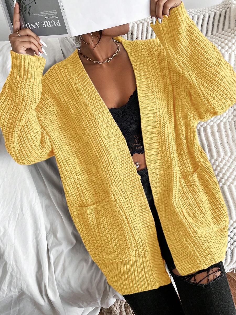 SHEIN Solid Dual Pockets Ribbed Knit Cardigan,Long Sleeve Tops Fall Winter Cloth For Women oaklynwear