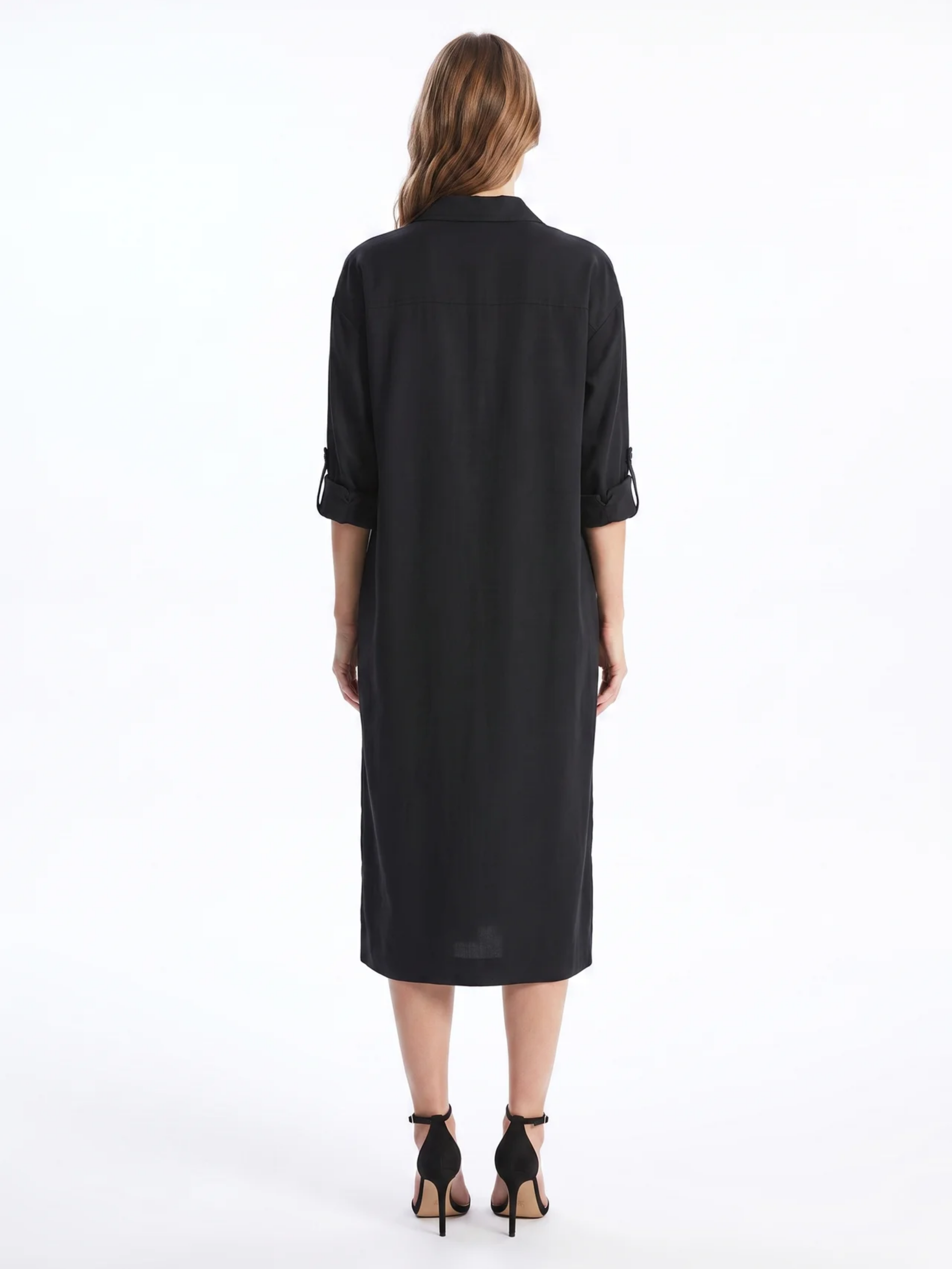 Frances | Black Linen Shirt Collar Midi Dress oaklynwear