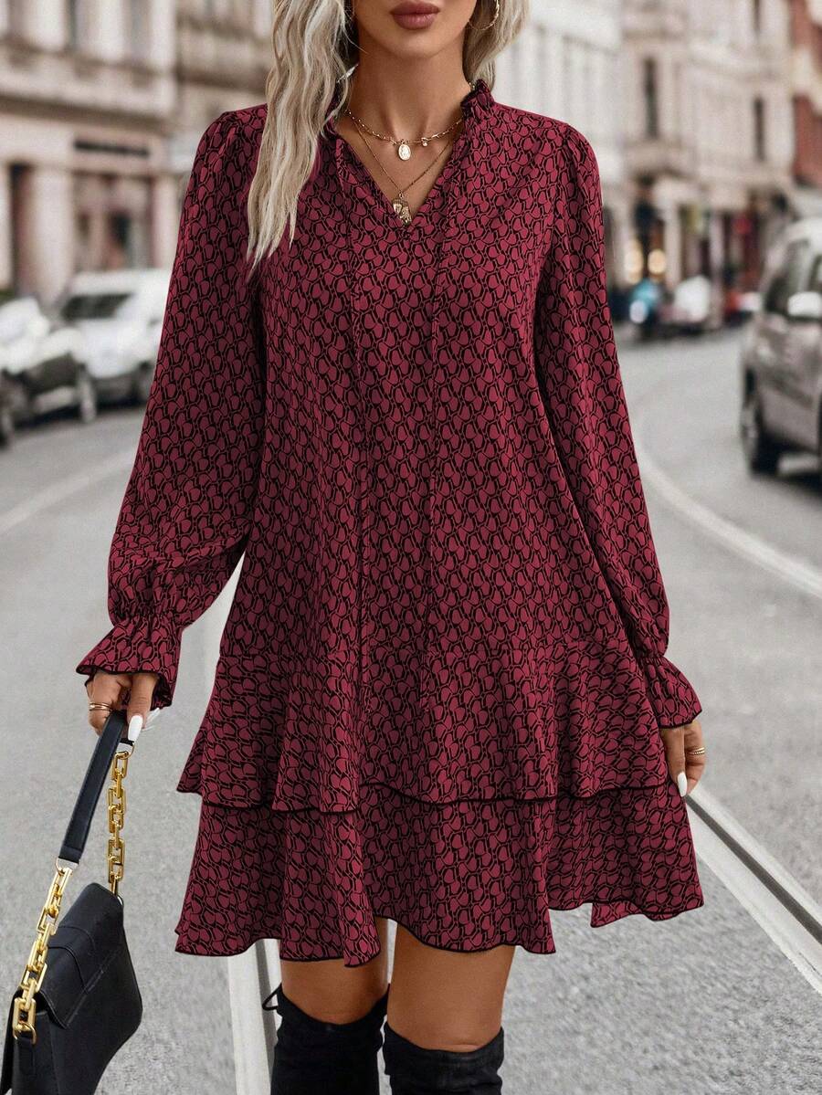 Larissa Tie-Neck Flare Sleeve Ruffle Hem Smock Dress - view 10