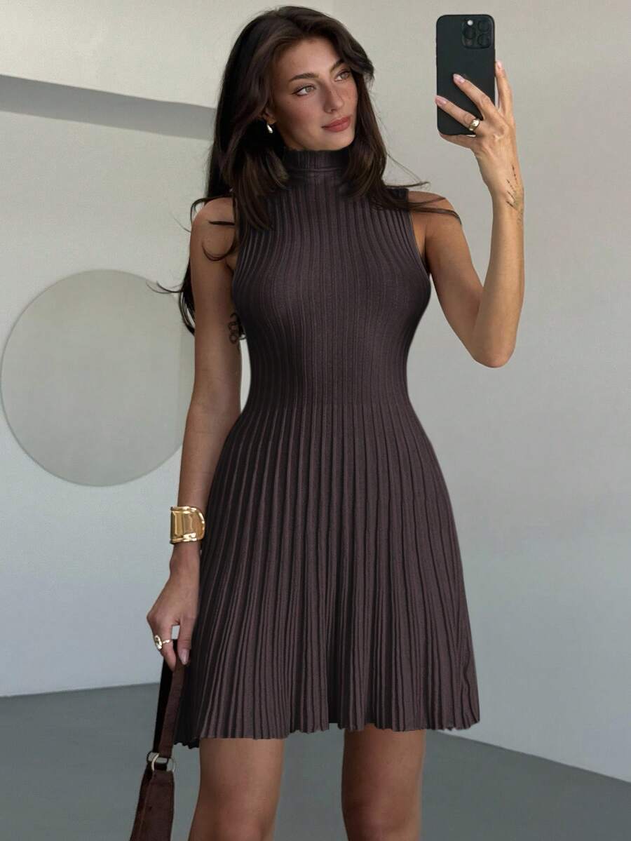 Aloruh Minimalist Elegant Stand Collar Sleeveless A-Line Mini Ribbed Knit Dress For Women Everyday Navy Blue Autumn oaklynwear